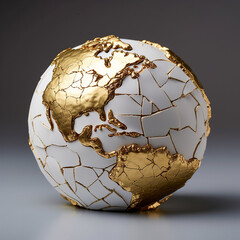 Fototapeta na wymiar Cracked Porcelain Globe. White and Gold. Kinstugi. AI Generated