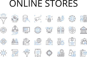 Online stores line icons collection. Web shops, Internet boutiques, Cybermarketplaces, Digital emporiums, E-commerce sites, Virtual retailers, Web-based markets vector and linear illustration. Online