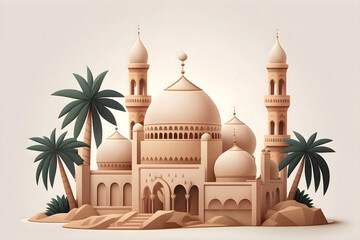Naklejka premium A desert scene with a muslim mosque and palm trees, Generative AI.