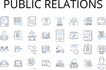 public relations line icons collection. Social media, Marketing strategy, Creative advertising, Professional nerking, Brand management, Media management, Crisis management vector and linear