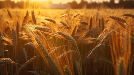 A golden wheat field with a vibrant sunset in the background. Generative ai
