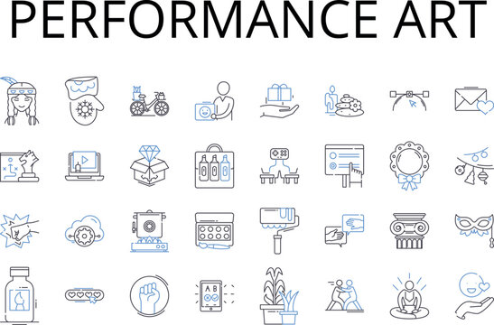 performance art line icons collection. visual arts, decorative arts, fine arts, liberal arts, graphic design, digital art, abstract art vector and linear illustration. contemporary art,installation