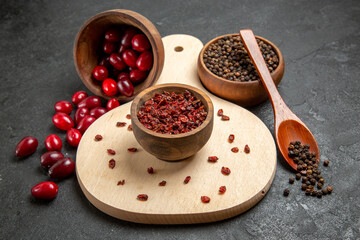 front view fresh red dogwoods with seasonings on grey background fruit mellow ripe hot fresh spicy