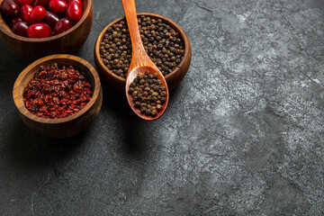 front view fresh red dogwoods with seasonings on grey background spicy hot fruits fresh ripe