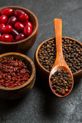 front view fresh red dogwoods with seasonings on grey desk spicy hot fruit fresh ripe