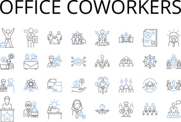 Fototapeta na wymiar Office coworkers line icons collection. Work colleagues, Desk mates, Job partners, Employment buddies, Business associates, Professional acquaintances, Office friends vector and linear illustration