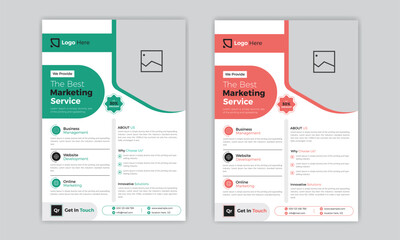 Two business flyer design layout templates with red and green backgrounds. Creative corporate Modern Flyers. Digital Marketing expert flyer design.