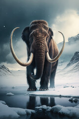  Furry Large Mammoth in Snowy Landscape. AI generated Illustration.