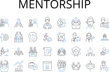 Mentorship line icons collection. Apprenticeship, Coaching, Guidance, Tutoring, Advice-giving, Direction-setting, Counseling vector and linear illustration. Teaching,Supportive oversight,Consultation