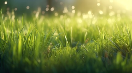 Obraz premium Sunlit green grass in close-up view. Generative ai