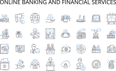 Fototapeta na wymiar Online banking and financial services line icons collection. Digital marketing, Mobile payments, Video streaming, Social nerking, E-commerce, Email marketing, Cloud storage vector and linear