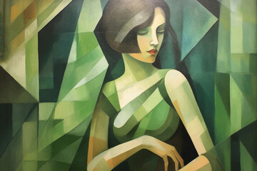Abstract illustration of an elegant woman, monotone focusing on green hues