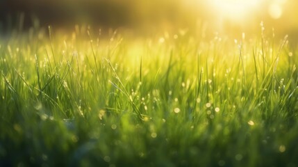 Obraz premium A sunny field of green grass with a bright sun in the background. Generative ai