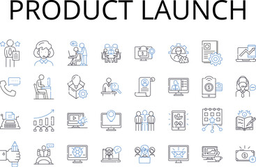 Product launch line icons collection. Campaign kickoff, Event launch, Book release, Movie premiere, Fashion debut, Album drop, Exhibit unveiling vector and linear illustration. Service introduction