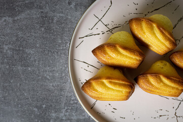 Madeleine cakes on a pink plate on a grey table - 600014529