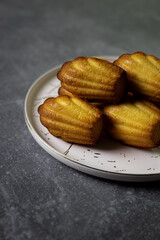 Madeleine cakes on a pink plate on a grey table - 600014538