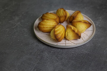 Madeleine cakes on a pink plate on a grey table - 600014545