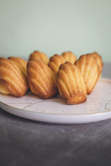 Madeleine cakes on a pink plate on a grey table - 600014547