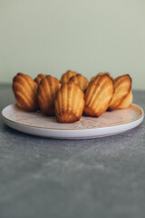 Madeleine cakes on a pink plate on a grey table - 600014548
