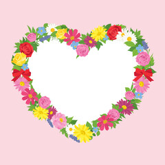 カラフルな花で作ったハート型のリース　花輪　イラスト素材