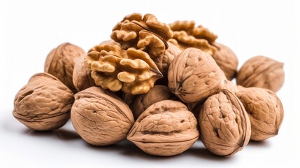 A heap of fresh walnuts on a plain white background. Generative ai