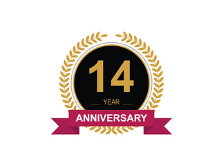 14th Anniversary Celebration. Anniversary logo design with golden color laurel wreath for birthday celebration event, invitation, greeting card, banner, poster, flyer, flyer.