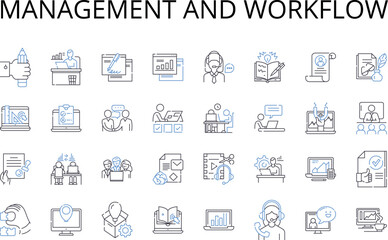 Management and workflow line icons collection. Administration, Supervision, Governance, Direction, Coordination, Operation, Execution vector and linear illustration. Stewardship,Leadership,Control
