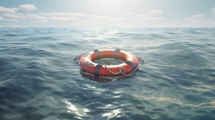 A red life preserver floating in the vast blue ocean. Generative ai
