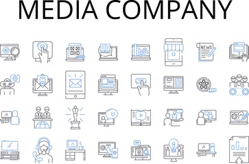 Media company line icons collection. Advertising firm, News outlet, Television nerk, Publishing house, Press agency, Film studio, Broadcasting company vector and linear illustration. Content provider