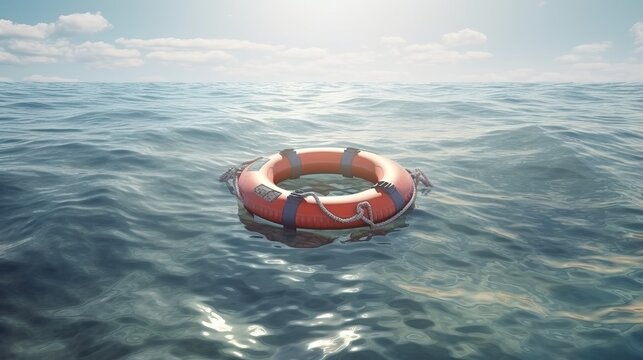 A red life preserver floating in the vast blue ocean. Generative ai