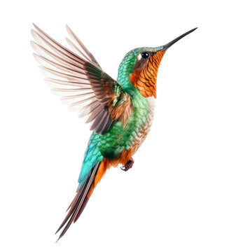 colorful hummingbird with orange and teal feathers in flight, isolated over a transparent background, cut-out exotic / tropical animal nature design element, generative AI