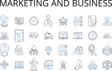 Marketing and business line icons collection. Advertising, Promotion, Branding, Sales, Commerce, Trade, Commerce vector and linear illustration. Market research,Product development,Public relations