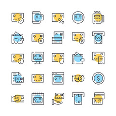Credit card line icons. Set of credit card icons. Black, blue and yellow colors. Modern outline graphic design. Vector line icons set