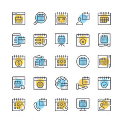 Calendar line icons. Set of schedule icons. Black, blue and yellow colors. Modern outline graphic design. Vector line icons set