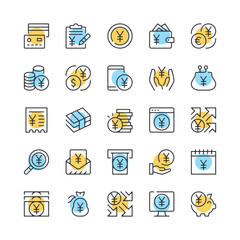 Yen line icons. Set of japanese yen icons. Black, blue and yellow colors. Modern outline graphic design. Vector line icons set
