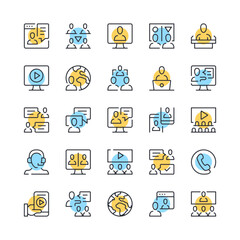 Online conference line icons. Set of video conference icons. Black, blue and yellow colors. Modern outline graphic design. Vector line icons set