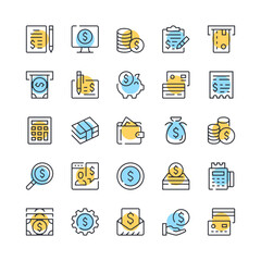 Money line icons. Set of money icons. Black, blue and yellow colors. Modern outline graphic design. Vector line icons set