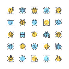Bitcoin line icons. Set of bitcoin icons. Black, blue and yellow colors. Modern outline graphic design. Vector line icons set