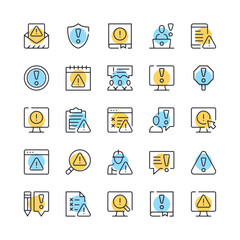 Warning line icons. Set of warning icons. Black, blue and yellow colors. Modern outline graphic design. Vector line icons set