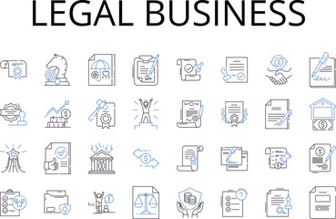 Legal business line icons collection. Financial sector, Corporate world, Professional field, Judicial system, Commercial arena, Marketing industry, Industrial market vector and linear illustration