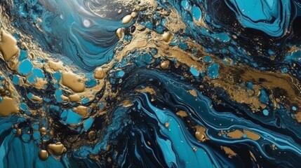 An abstract painting featuring a vibrant blend of gold and blue colors. Generative ai