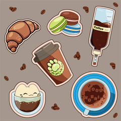 Set of 6 stickers. Coffee theme. 
