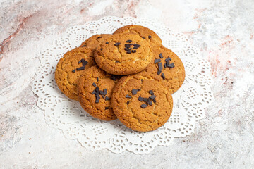 front view yummy sand cookies perfect sweets for cup of tea on the white background sweet cake biscuit tea cookie sugar