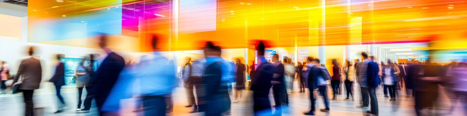 blurred business people walking at a trade fair, conference or walking in a modern hall - obrazy, fototapety, plakaty