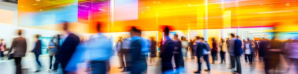 blurred business people walking at a trade fair, conference or walking in a modern hall © Viks_jin