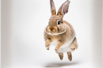 Obraz premium white rabbit jump on white background, full body with free space, Made by AI,Artificial intelligence
