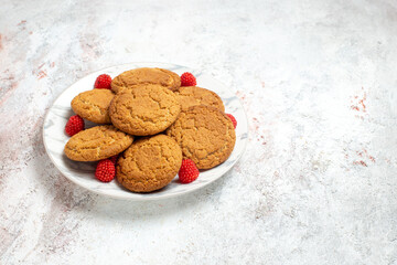 front view yummy sugar cookies from sand dough inside plate on white desk biscuit sugar cookie sweet cake tea