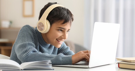 Happy little boy in headphones using laptop at home