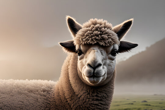 Very beautiful alpacas in the fog and with beautiful lighting. Generative AI