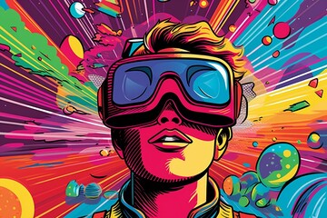 A Comics-style Illustration of VR Headset Exploring the Metaverse in a Futuristic Virtual World. Based on Generative AI